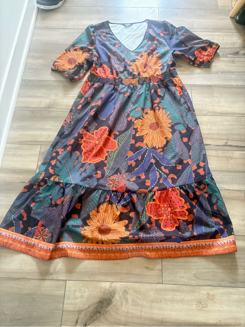 BloomChic Dark Floral Leopard Print Tiered Midi Dress V-Neck - Picture 3 of 8